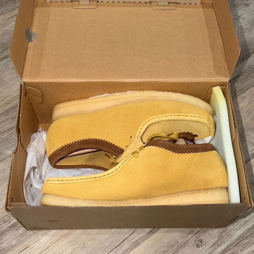 Clarks Yellow Suede Wallabee with Brown Trim